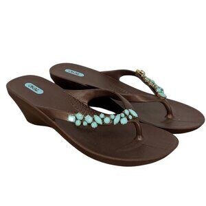 Oka-B Women's Kylie Flip Flop with Wedge Heel Turquoise Stone Detail-size L